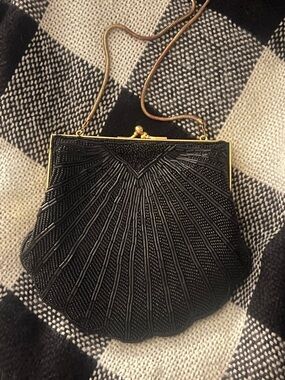Handmade Vintage Black Beaded Shell Evening Bag with Gold Frame